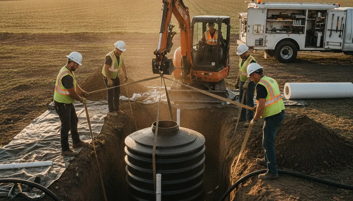 Septic tank installation crew serving Worcester, MA homes with new system hookup and trenching